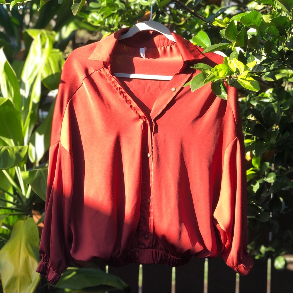 Satin Button Down Blouse - Tandoori Red